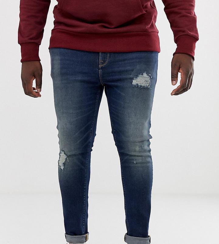 Asos Design Plus Super Skinny Distressed Jeans In Dark Wash Blue