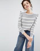 Willow And Paige Ribbed Sweater In Breton Stripe With Shoulder Ruffle