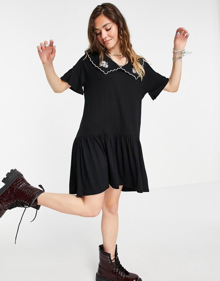Violet Romance Jersey Smock Dress With Embroidered Collar In Black