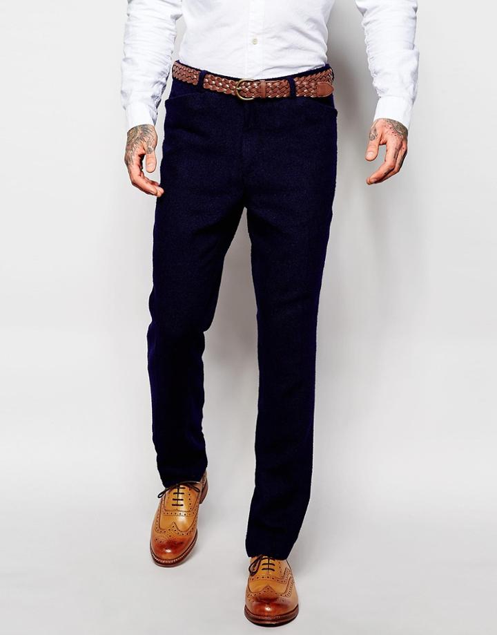 Asos Slim Suit Pants In Herringbone - Navy