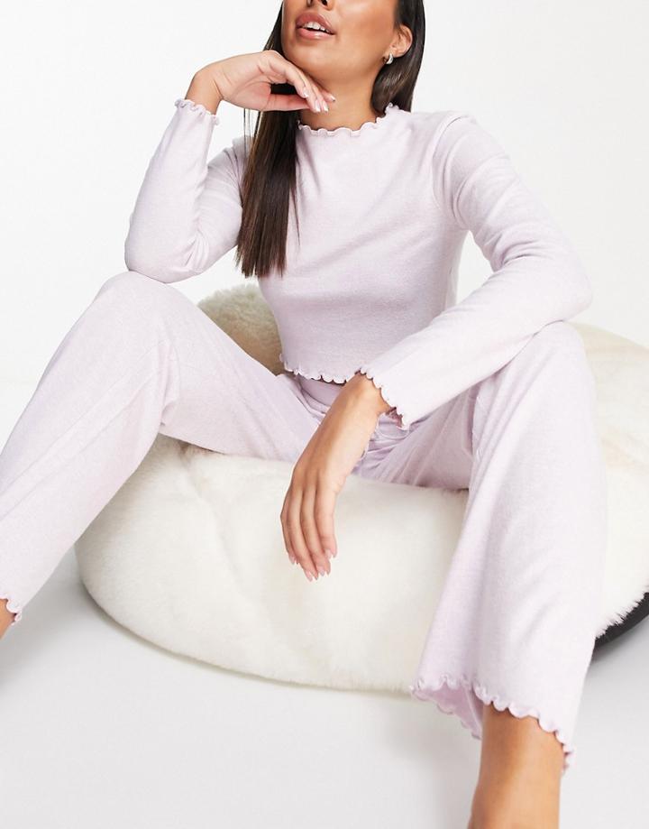 Asos Design Lounge Super Soft Long Sleeve Top & Bottom Set With Lettuce Edge In Pink