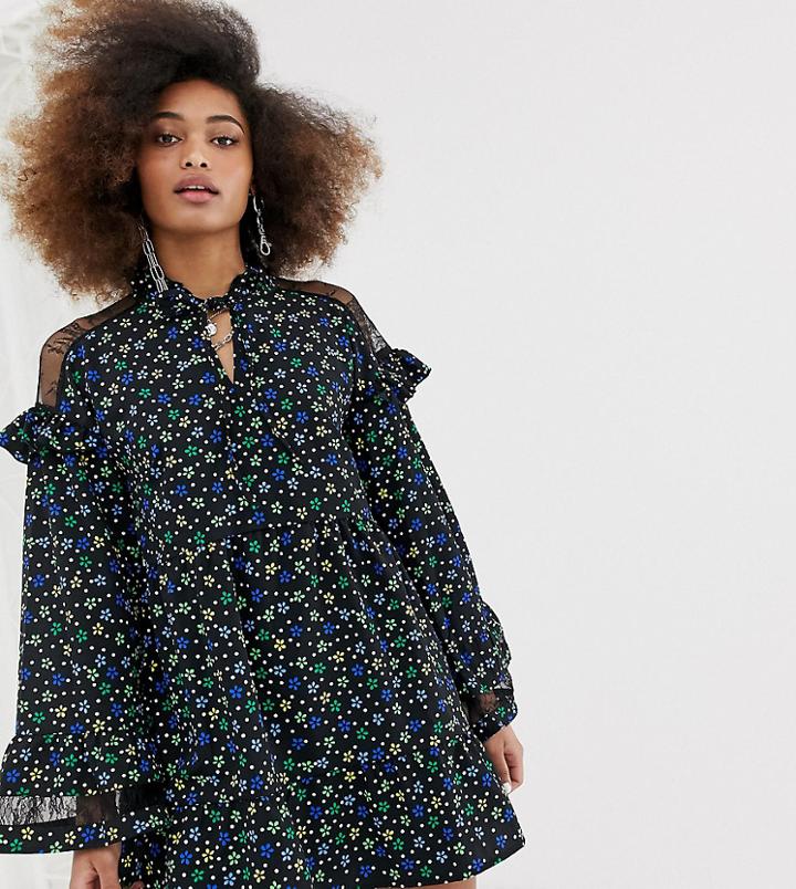 Collusion Lace Insert Smock Dress In Ditsy Floral-multi