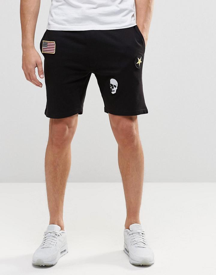 Only And Sons Jersey Shorts With Badge Details And Drawstring Waist - Black