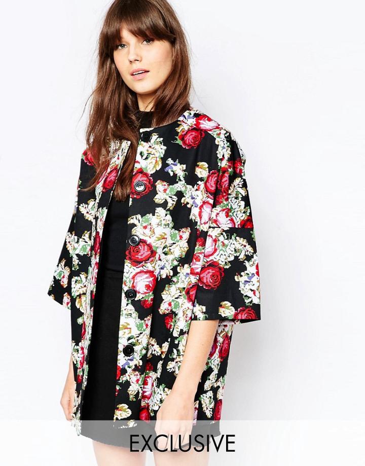 Helene Berman Kimono Coat Printed Embroidery Floral - Black