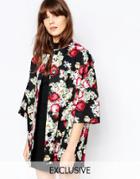 Helene Berman Kimono Coat Printed Embroidery Floral - Black