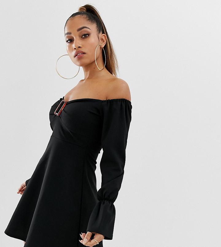 Boohoo Petite Buckle Front Bardot Dress In Black - Black