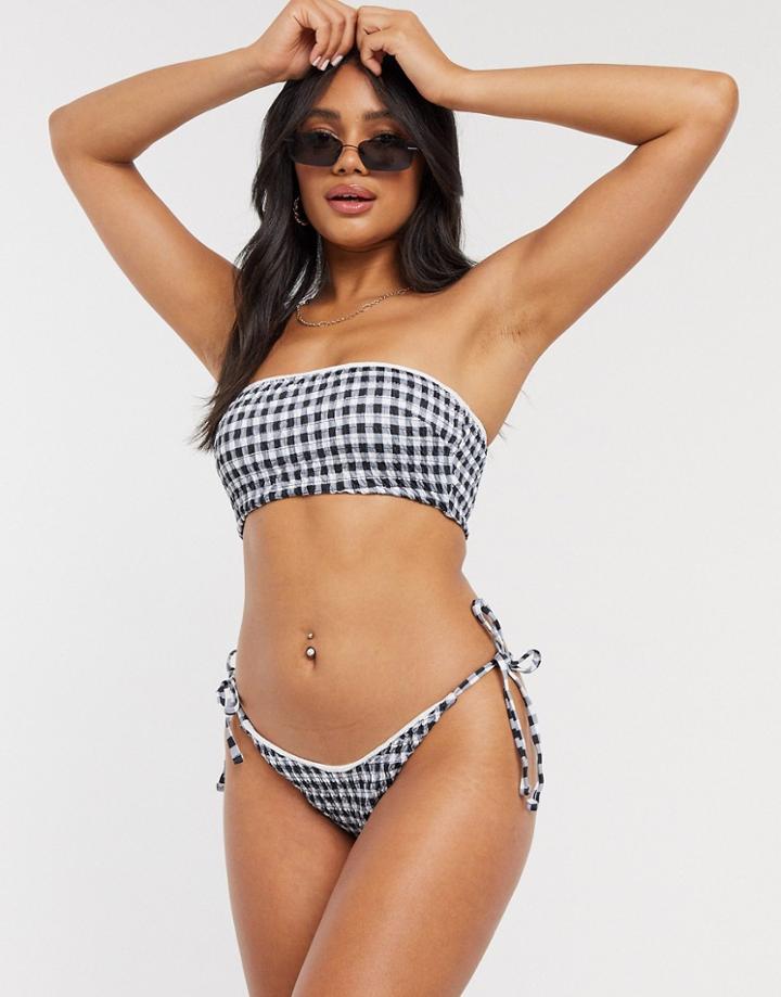 Asos Design Shirred Bandeau Bikini Top In Mono Gingham-multi