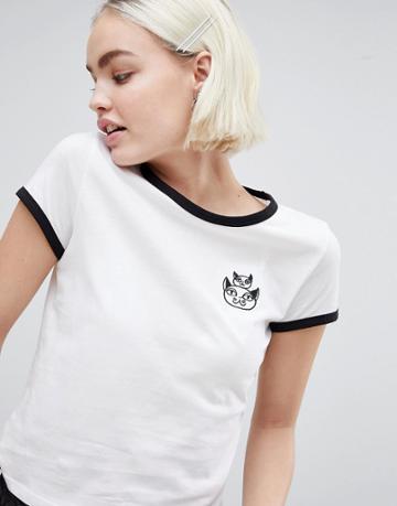 Monki Embroidered Cats Tee - White