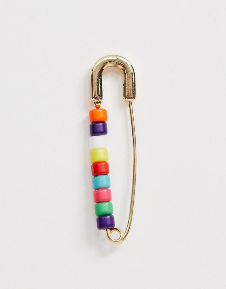 Asos Design Single Safety Pin Earring With Multicolor Beads In Gold Tone - Gold