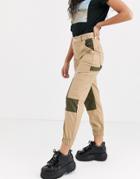 Bershka Contrast Panel Cargo Pants In Camel-beige