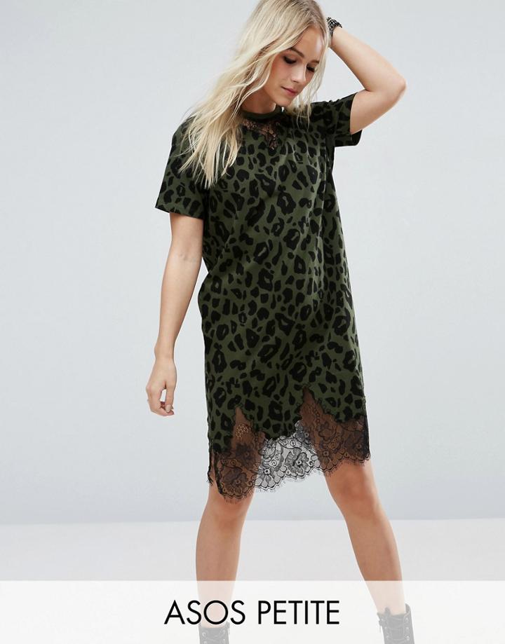 Asos Petite T-shirt Dress With Lace Inserts In Animal Print - Green