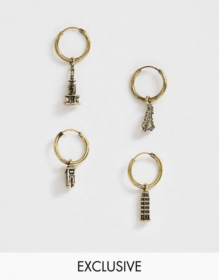 Reclaimed Vintage Inspired Hoop Earring Pack With Vintage Souvenir Charms In Burnished Gold Exclusive To Asos