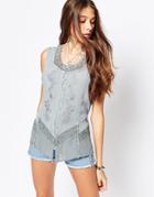 Brave Soul Denim Wash Sleeveless Shirt With Embroidered Detail - Antique Blue