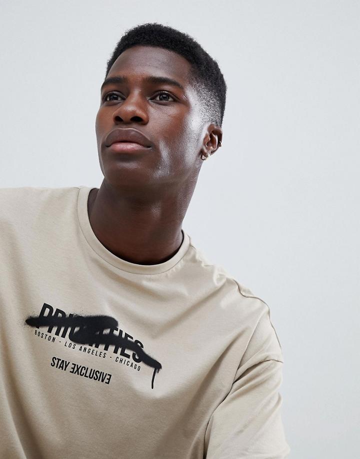 Asos Design Oversized T-shirt With Half Sleeve And City Graffiti Print - Beige