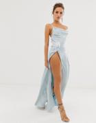 Asos Design Maxi Dress With Thigh Split And Cowl Neck In Satin - Gray