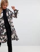 Qed London Satin Floral Kimono With Piping - Black