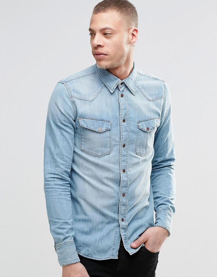 Nudie Jonis Bronson Western Denim Shirt In Light Blue Wash - Blue