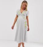 Hope & Ivy Maternity Plunge Front Button Through Embroidered Midi Dress In Gray