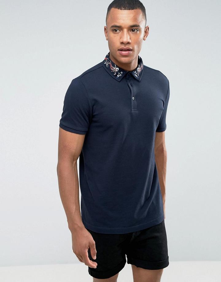 Brave Soul Karp Embroidered Collar Polo Shirt - Navy