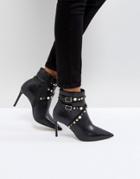 Carvela Granite Pearl Buckle Leather Heeled Ankle Boots - Black