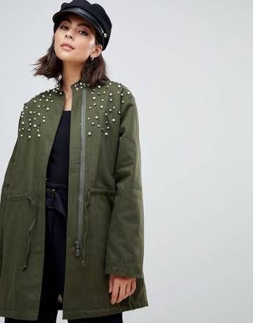 Zibi London Parka Jacket With Embellished Detail - Green