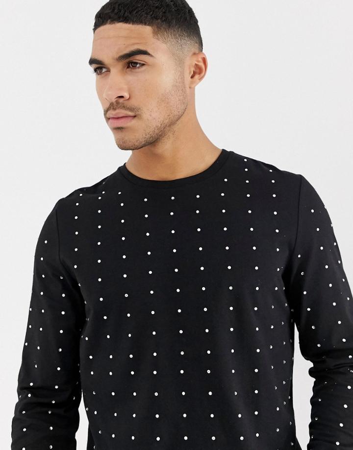 Asos Design Longline Long Sleeve T-shirt With Embellished Gems In Black - Black