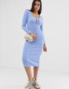 Asos Design Scoop Neck Midi Dress In Rib With Button Detail - Blue