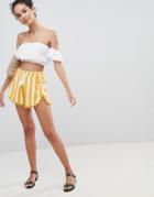Asos Design Pom Pom Shorts With Tassel Tie In Natural Stripe - Multi