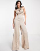 Asos Design Satin Ruched Neck Cut Out Jumpsuit In Taupe-neutral