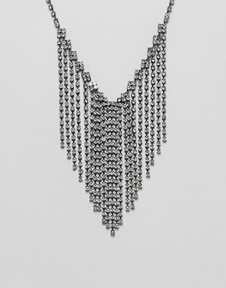 Steve Madden Stone Chain Fringe Chain Statement Necklace - Silver
