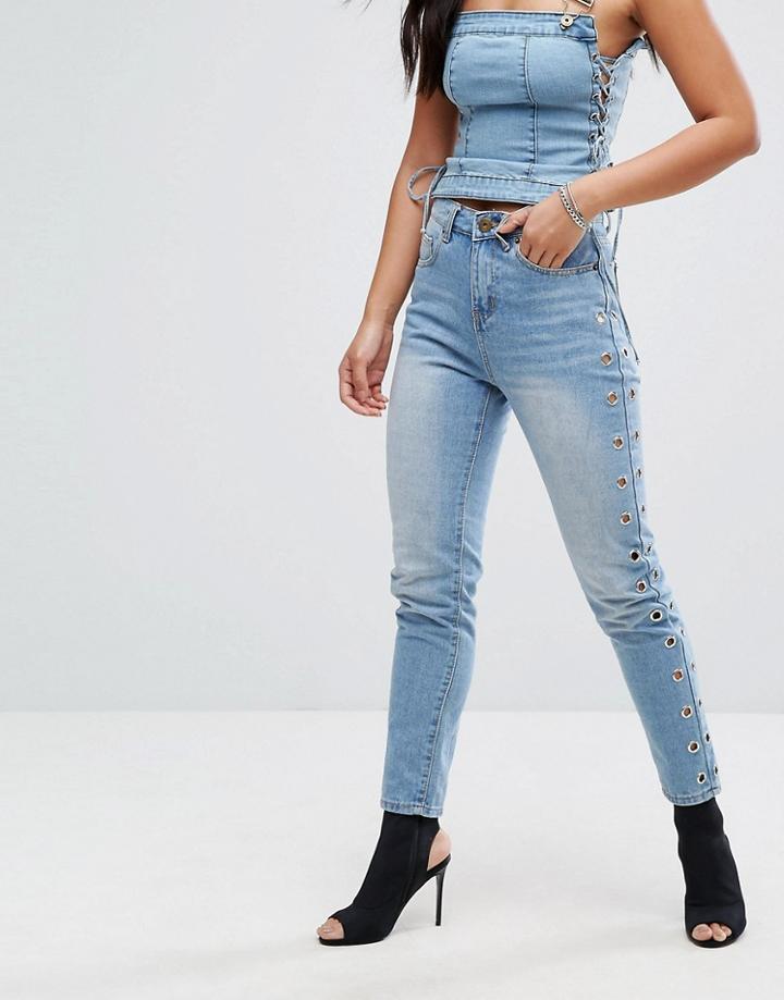 Liquor & Poker Eyelet Detail Mom Jean - Blue