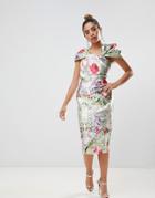 Asos Design Structured Twist Pencil Midi Dress In Postcard Print - Multi