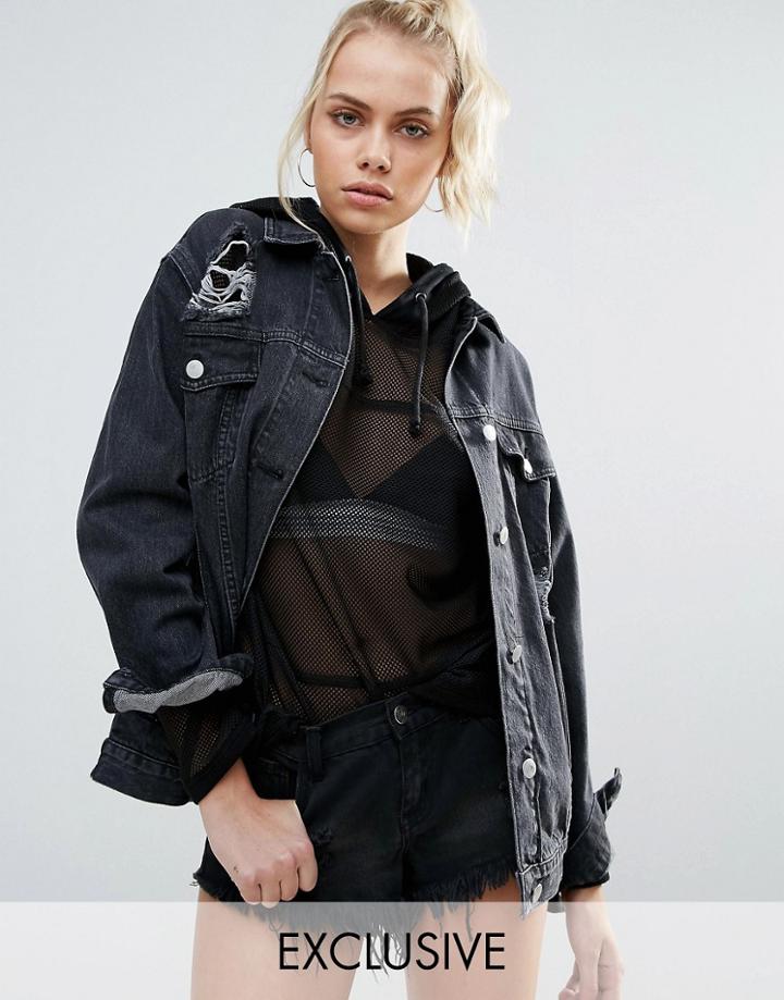 Chorus Oversized Distressed Denim Jacket - Black