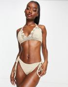 Asos Design Crochet Tie Side Bikini Bottoms In Neutral