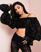 Asos Luxe 3d Lace Bardot Crop Top In Black - Part Of A Set
