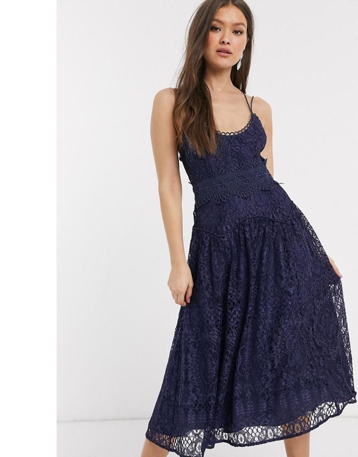 Asos Design Cami Strap Midi Prom Dress In Lace With Circle Trims-navy