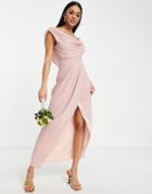 Tfnc Bridesmaid Chiffon Wrap Midi Dress With Cowl Neck Front And Back In Mauve-pink