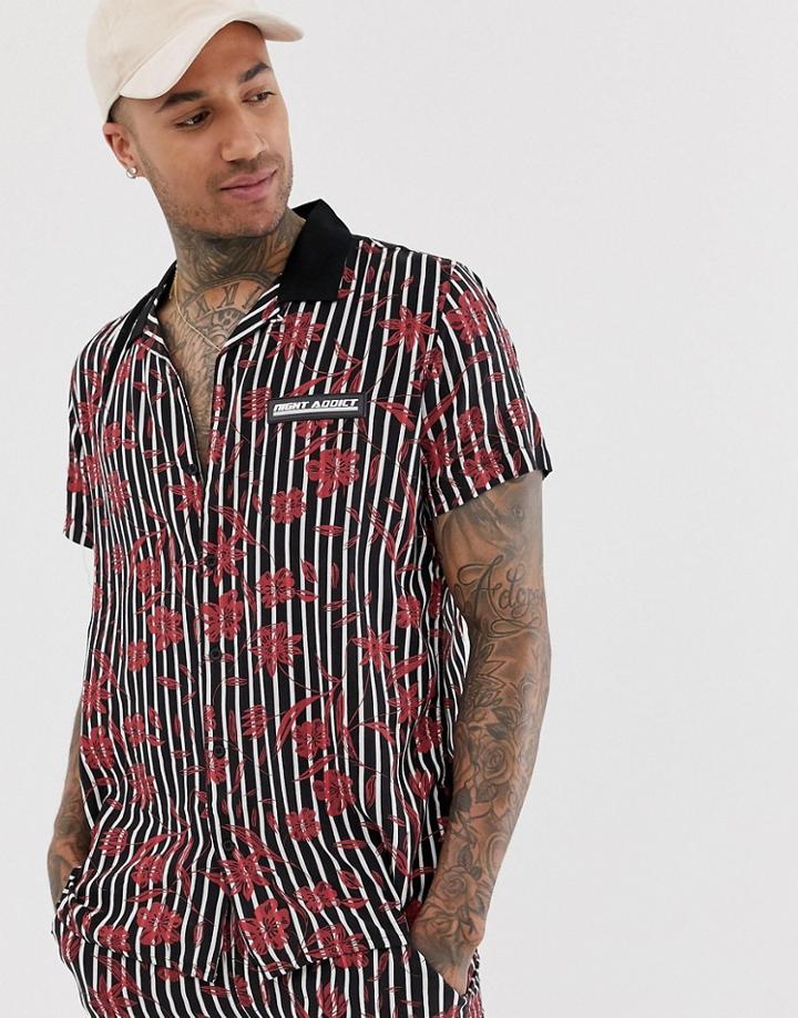 Night Addict Stripe Floral Revere Collar Shirt-black