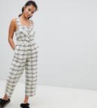 Asos Design Petite Jumpsuit With Elasticated Waist And Button Detail In Check-cream