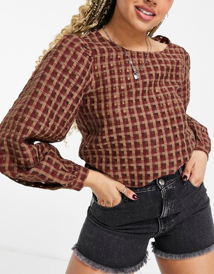Vila Puff Sleeve Top In Check-brown
