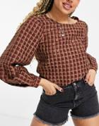 Vila Puff Sleeve Top In Check-brown