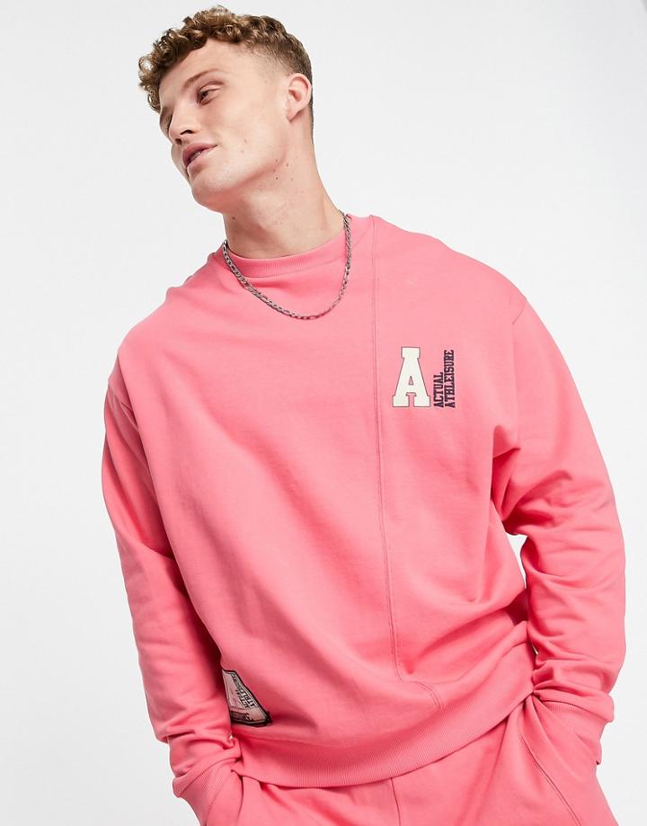 Asos Actual Oversized Sweatshirt With Cut And Sew Paneling And Logo Woven Patches In Pink - Part Of A Set