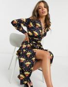 Never Fully Dressed Exclusive Long Sleeve Wrap Front Midi Dress With Belt In Radiant Light Print-multi