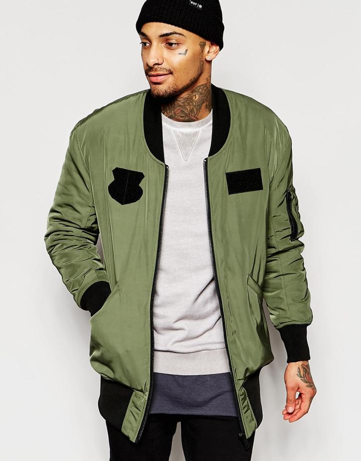 Asos Longline Bomber With Patches In Khaki - Khaki