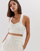 Weekday Two-piece Denim Crop Top With Contrast Stitching In Ecru-cream