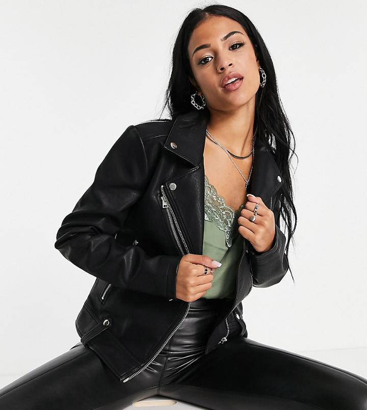 Topshop Tall Faux Leather Moto Jacket In Black