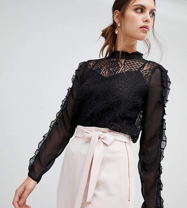 River Island Lace High Neck Blouse In Black - Black