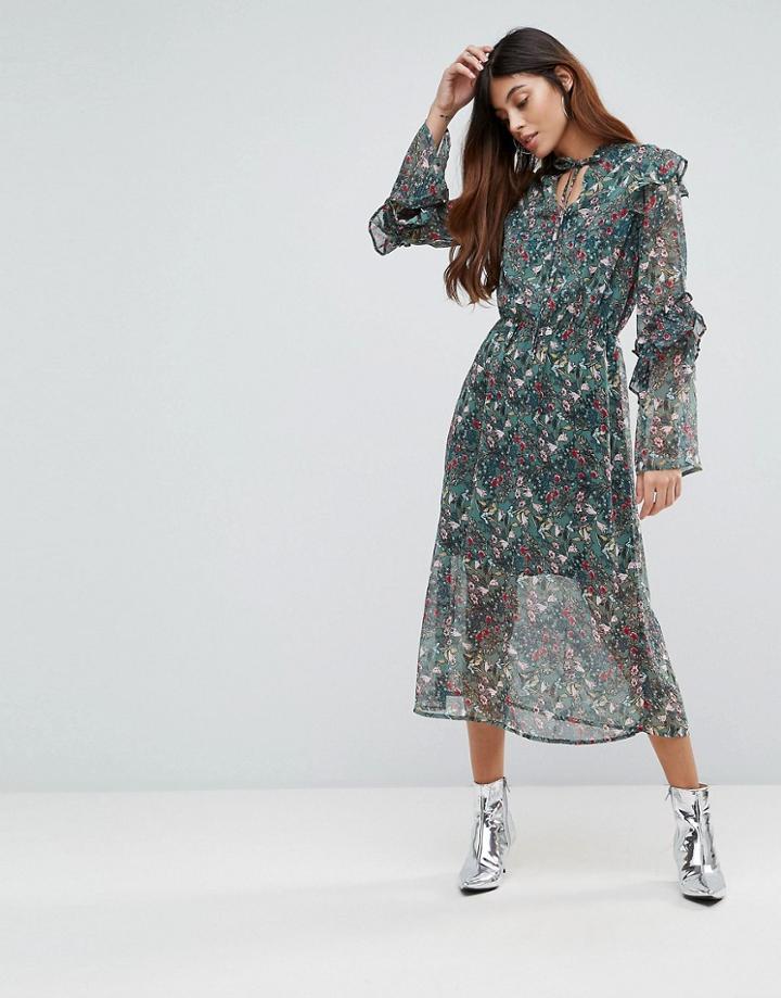 Influence Keyhole Frill Sleeve Floral Midi Dress - Multi