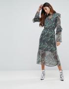 Influence Keyhole Frill Sleeve Floral Midi Dress - Multi