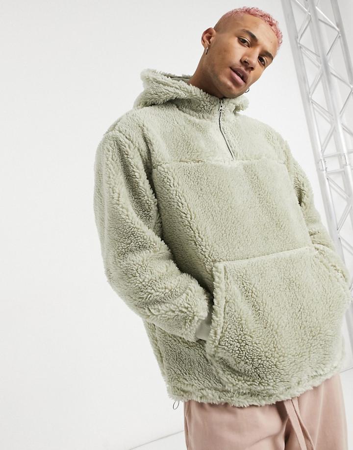 Weekday Alex Sherpa Hoodie In Green-grey